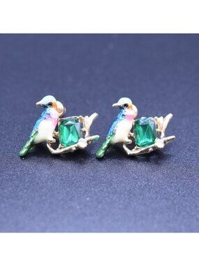 Vintage Bird-Inspired Enamel Earrings With Green Crystal Accents Post Back Desig